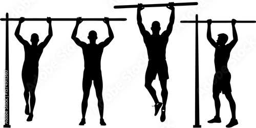 Silhouettes of men performing various pull up exercises on a horizontal bar