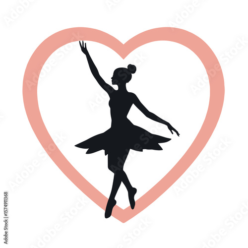 Ballet dancer silhouette inside a heart shape, expressing love for dance and art