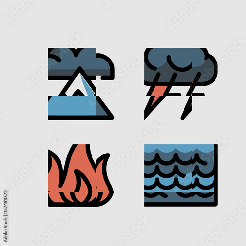 Four natural disaster icons representing earth fire lightning and water