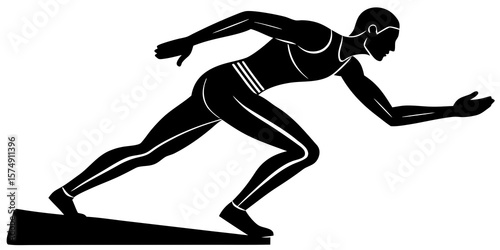 Athlete in starting blocks ready to sprint on a white background