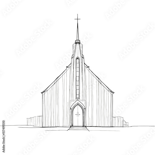 Minimalist church drawing with tall spire and cross on a plain background, artistic concept