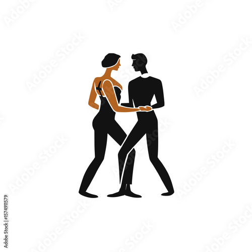 Stylized couple, elegant, dancing together, on white background with copy space