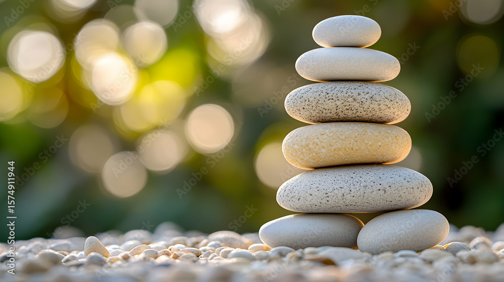 Obraz premium Stack of seven smooth, light-colored stones balanced on a gravel surface outdoors.