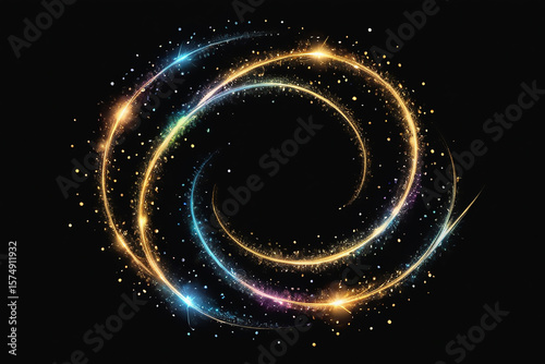 Swirling rainbow light streaks with glittering particles on a black background