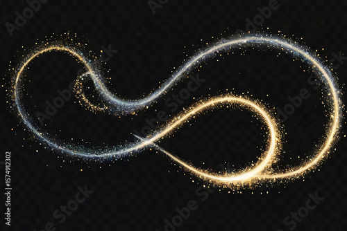 Abstract shimmering golden and silver light streaks with sparkling particles on black background