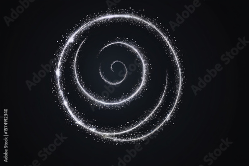 Abstract swirling spiral of shimmering white glitter particles on a dark background