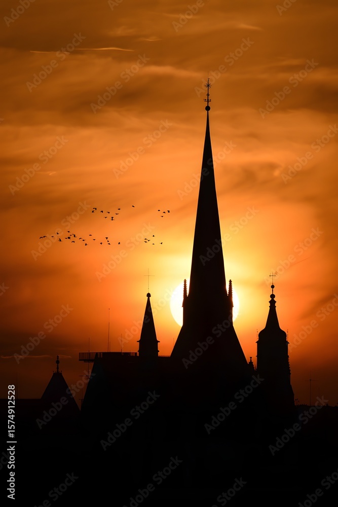 Obraz premium Silhouette of church at sunset, religious architecture, cathedral tower, gothic style