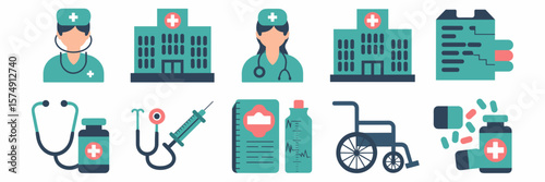 Simple flat icons of hospital and clinic essentials – Great for healthcare websites, user interfaces, or informational content.