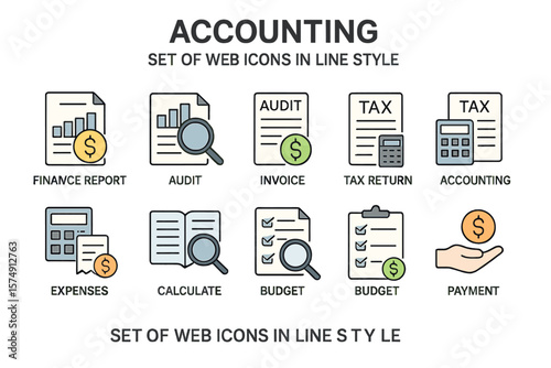 A set of web icons in line style is available for accounting purposes, including icons for accounting, audit, finance report, and more for use in web and mobile applications