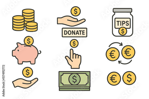 This vector line icon set is related to coins and includes icons like a stack of coins, donation, a tips jar, piggy bank, coin toss, exchanging money, saving, a stack of banknotes, the euro sign, and
