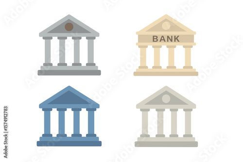 A set of icons representing bank buildings is isolated on a white background, showcasing a front view of various institutions such as a court house, bank, university, or government building