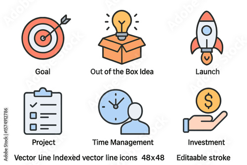 This collection includes a variety of startup-related vector line icons, including symbols for goal, out-of-the-box idea, launch project, and others, all with editable strokes and 48x48 pixel perfect