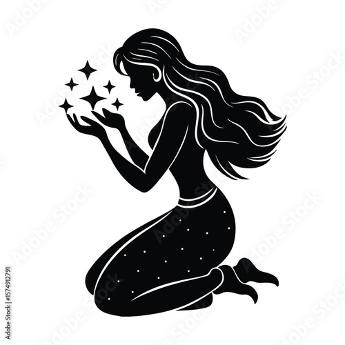 Stylized woman holding stars silhouette kneeling