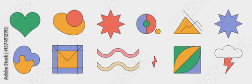 Abstract icons of colorful shapes in organic and geometric designs