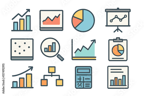 Vector icon set for statistics and analytics, including graph and chart related line icons