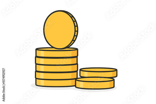 A vector illustration of stacked coins is depicted in a modern design, with a single golden coin standing atop a pile of gold coins, set against a white background