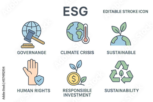 The ESG Editable Stroke Icon, which stands for Environmental Social Governance, includes icons like Governance, climate crisis, sustainable development, sustainability, human rights, and responsible