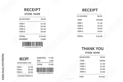 The receipts are the bill, with the ATM paper printing out a paying ticket for a shop or store purchase invoice, as part of an isolated realistic supermarket cash order vector collection