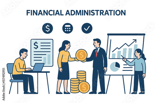 Vector illustrations are available for various business needs, including finance, covers, banners, posters, and brochures, focusing on financial administration concepts