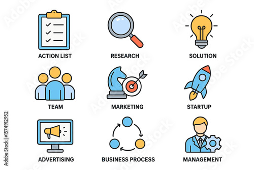 A set of line-style web icons representing business strategy and solutions for web and mobile applications, including action lists, research, solutions, teams, marketing, startups, advertising