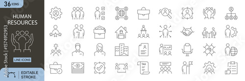 Human Resources editable line icons set. Includes icons for recruitment, employee management, training, teamwork, , and contract management. Editable stroke. Perfect for infographics and business use.