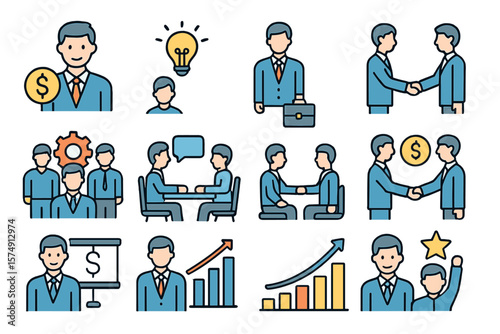 A set of line icons for business and finance is available, featuring a collection of businessman outline icons, including symbols for money, investment, teamwork, meetings, partnerships, and work
