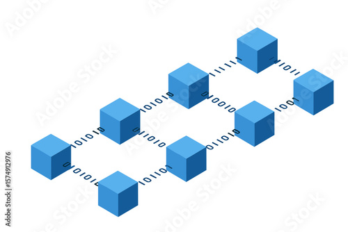 A banner depicting the blockchain concept, featuring isometric digital blocks interconnected with each other and forming a crypto chain, comprised of blocks or cubes with digit-based connections, set