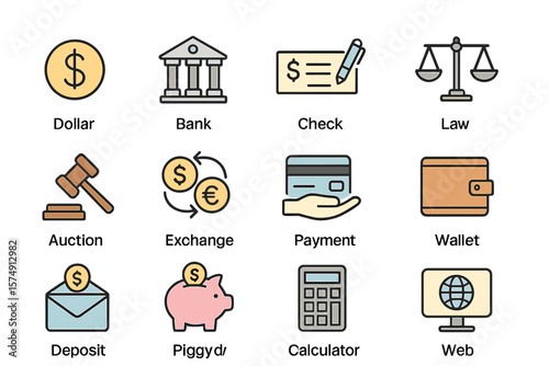 Vector business and finance icon set featuring editable stroke lines with symbols for money, banking, checks, law, auctions, exchange, payment, wallets, deposits, piggy banks, calculators, web, and