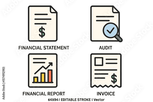 This icon set for accounting includes a financial statement, audit, financial report, and invoice, all in a 64x64 pixel perfect format with editable strokes