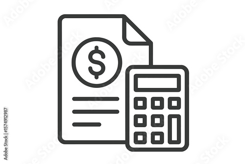 Financial accounting simple line vector icon, symbol, and logo illustration for mobile concept and web design, featuring a money document and calculator outline icon in linear style, with pixel