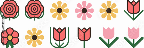 Vector flower icons in grid layout with clean design of roses, daisies, and tulips