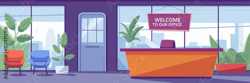 Modern office welcome scene with reception desk and city view