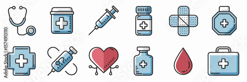 Medical equipment and healthcare icons in flat design