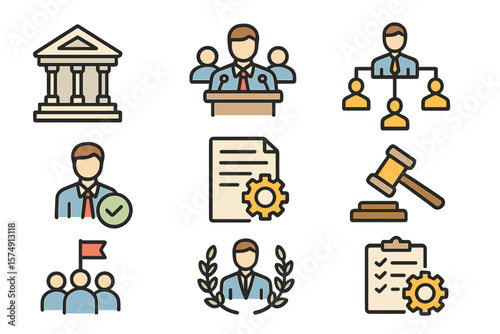 A collection of line icons pertaining to governance and management is available, featuring an outline icon set with editable strokes in vector illustration format
