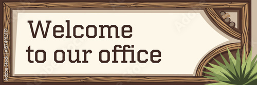 Rustic wooden frame with welcome message and plant on beige wall