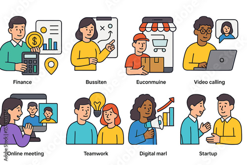 A collection of contemporary flat design icons representing finance, banking, business strategy, planning, ecommerce, delivery, video calling, online meetings, teamwork, digital marketing