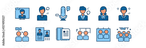 Business seminar icon set with speaker, audience, microphone, and notepad