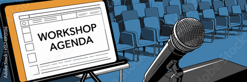 Vector illustration of a professional workshop setup with agenda board and microphone