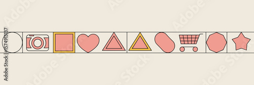 Geometric frame icons with camera, heart, cart, and star symbols