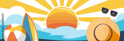Summer sun with beach items – Ideal for travel ads or summer event promotions