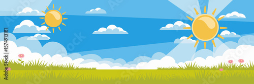 Sunny day landscape with blue sky, white clouds, and grassy field – Great for weather illustrations, summer campaigns, or nature-themed branding.