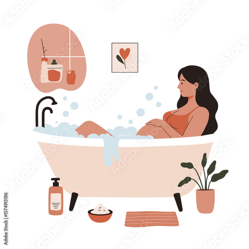 Pregnant woman relaxing in a bathtub filled with bubbles, enjoying self-care in a cozy bathroom