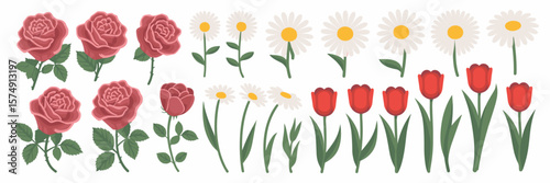 Flower icon illustration featuring roses with thorns, daisies, and vibrant tulips