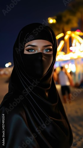 Modest muslim woman in satin niqab with blue eyes at vibrant beachside night fairground scene