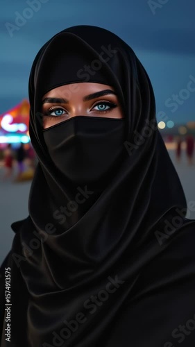 Stylish arabic woman wearing satin niqab with blue eyes at lively coastal amusement park at night