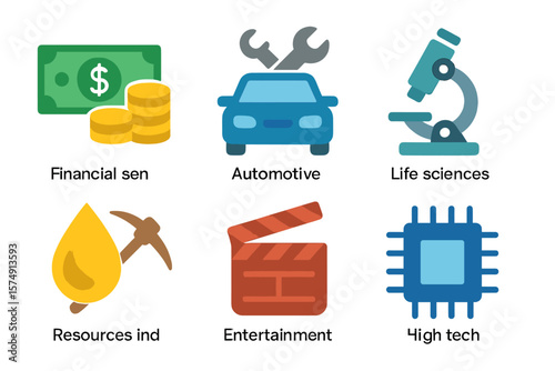 Icons and symbols of business and various industries, including financial services, automotive, life sciences, resources, entertainment, and high tech, are prominent