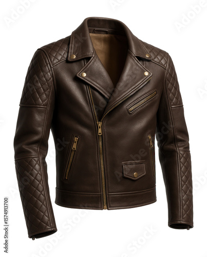 Leather biker jacket in dark chocolate with asymmetrical zip and quilted panels