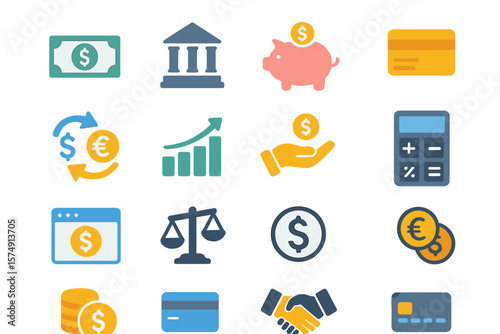 Vector business and finance icon set featuring money, bank, piggy, credit, exchange, graph, deposit, calculator, web, law, dollar, euro, coin, card, currency, handshake and other isolated silhouette