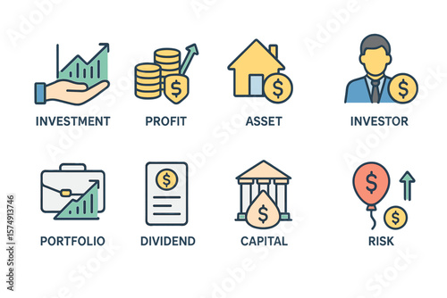 Vector icons for investment, including profit, asset, investor, portfolio, dividend, capital, risk, and inflation, are available in a line icon set