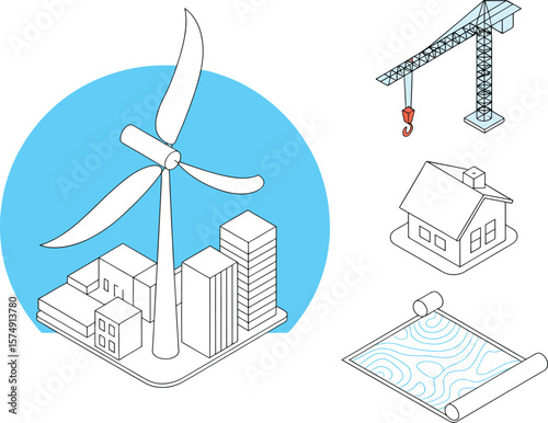 A vibrant illustration of wind turbines on a green landscape generates clean, renewable energy for a sustainable environment